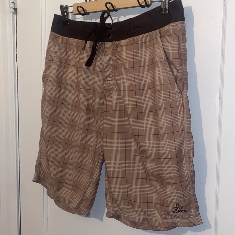 prAna plaid board shorts swim shorts with zippered pocket